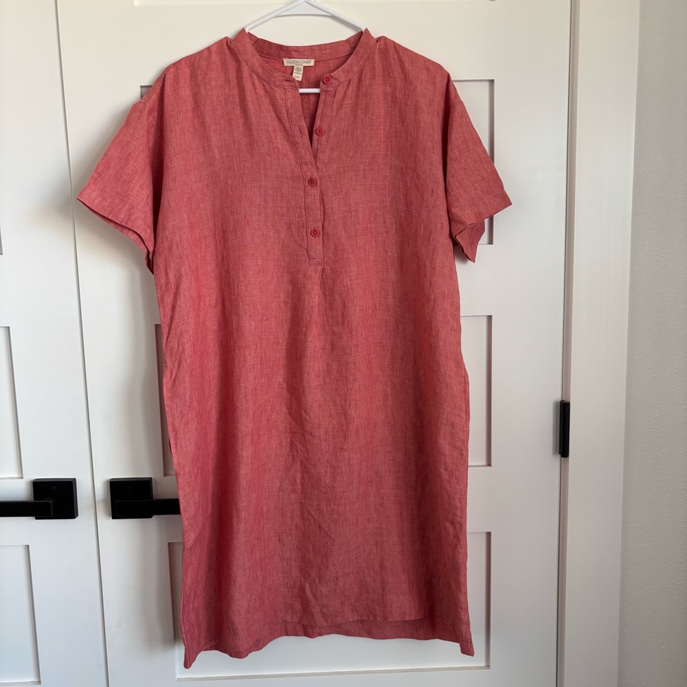 Eileen Fisher 100% Organic Linen Button Front Coral Midi Dress Petite Small